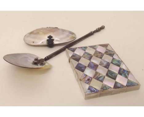 Pearl and abalone card case, a pearl spoon and purse. A condition report is not available for this lot.  Damage, defects, res