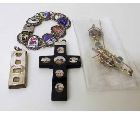 Micro mosaic cross, silver ingot, souvenir bracelet, three pairs of gold ear studs, 15ct stick pin, 15ct bar brooch, ruby and