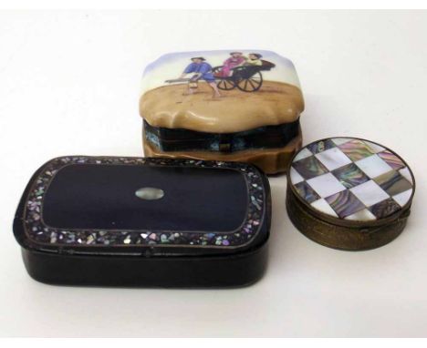 Three snuff boxes two with pearl inlay. A condition report is not available for this lot.  Damage, defects, restoration or ot