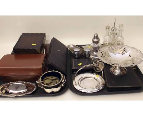 Four bottle cruet on plated stand, quantity of plated photo frames, spirit flask and other plated ware and a quantity of mixe