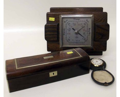 Victorian rosewood and inlaid glove box, aneroid barometer and Smiths Empire alarm clock. A condition report is not available