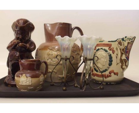 Stoneware jug, Toby jug, Masons George and Mary jug and on other hunting jug, and a pair of vaseline glass vases. A condition