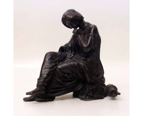 French patinated bronze neo-classical figure of a seated female with an toppled wine ewer, indistincly signed, height 24cm (r