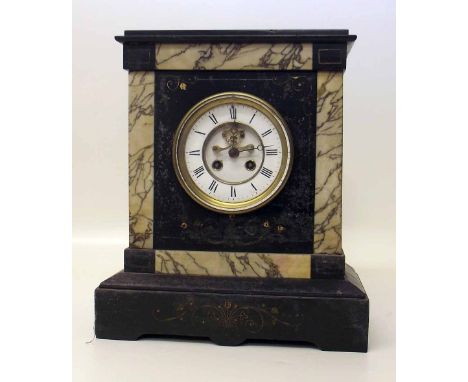 French black and buff marble mantel clock with pendulum. A condition report is not available for this lot.  Damage, defects, 