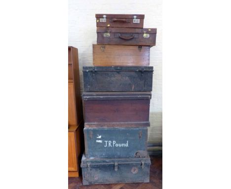 Tin trunk with cunard white star cabin glass label, pine trunk and others. A condition report is not available for this lot. 