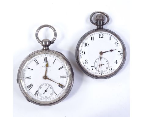 2 silver-cased open-face pocket watches, with engine turned decoration, largest case width 53mm (2) 