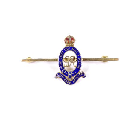 A 9ct gold George VI Royal Horse Artillery enamel Regimental sweetheart brooch, with Royal Order to the Garter moto, hallmark