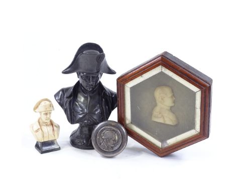 A framed wax cameo portrait bust of Napoleon Bonaparte, a spelter bust of Napoleon, height 18cm, a composition bust, and an e