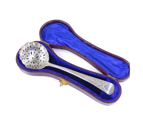 A George III silver sugar sifter spoon, with bright-cut floral engraved handle, by Thomas Wallis II, hallmarks London 1806, l
