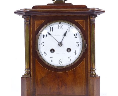An Edwardian inlaid mahogany-cased mantel clock, by J Cameron &amp; Son of Kilmarnock, with brass corner columns, enamel dial