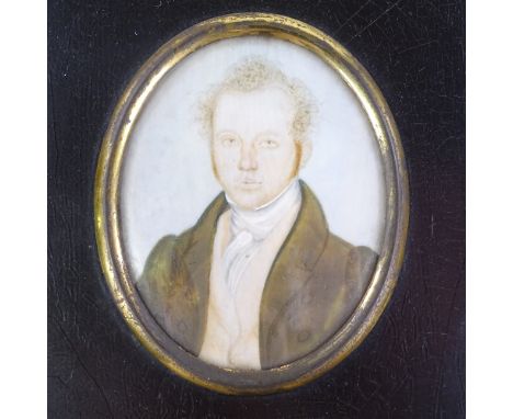 A 19th century miniature watercolour on ivory, half-length portrait of a gentleman, in original brass-mounted ebonised frame,