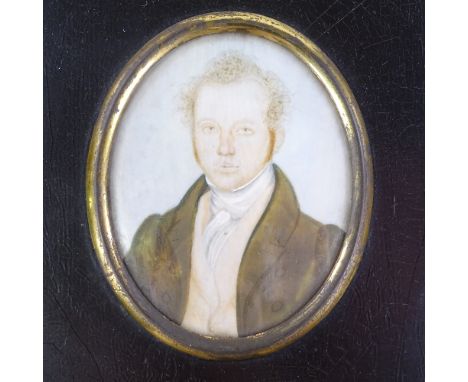 A 19th century miniature watercolour on ivory, half-length portrait of a gentleman, in original brass-mounted ebonised frame,