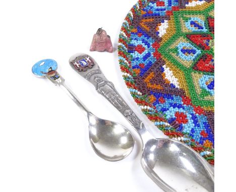A group of Greenland items, including a bead work panel, 26cm across, 2 silver and enamel souvenir spoons, and a nephrite and