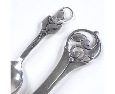 A Danish silver caddy spoon, by Berg &amp; Jensen, hallmarks 1950, length 11cm, together with a Danish stylised silver servin