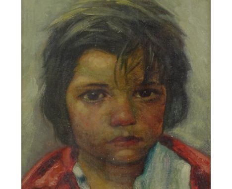 Oil on canvas, portrait of a child, unsigned, 12" x 9", framed 