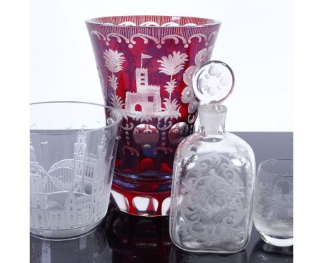 A Bohemian ruby overlay glass vase circa 1870, height 13.5cm, and 3 other pieces of engraved glassware (4) 