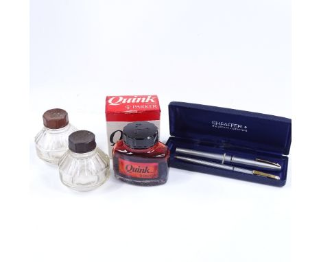 A boxed Sheaffer fountain pen with 14ct gold nib, a Sheaffer ballpoint pen, ink bottles and ink 