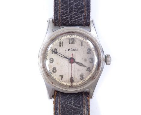 LEMANIA - a Second War Period stainless steel wristwatch, ref. 192C, mechanical 17 jewel movement with luminous Arabic hour m