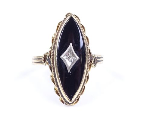 An unmarked gold onyx and diamond marquise panel ring, with rope twist bezel, setting height 24.1mm, size M, 3g 