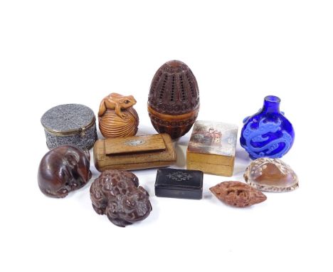 A group of treen and other miniature items, including a 19th century carved and pierced nut box, length 7cm, a carved wood Ch