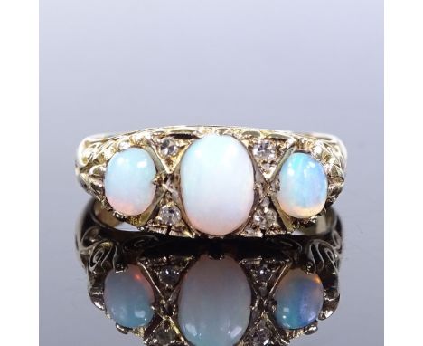 A 9ct gold 7-stone opal and diamond half-hoop ring, with foliate carved bridge and shoulders, maker's marks T and R, setting 