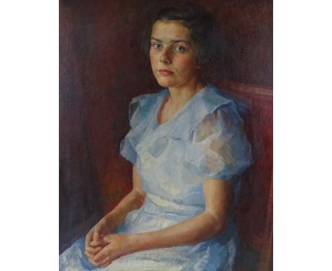 Oil on canvas, portrait of a girl, indistinctly signed, 30" x 24", framed 