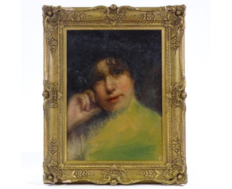 19th/20th century oil on canvas laid on board, portrait of a woman, unsigned, 15" x 11", framed 