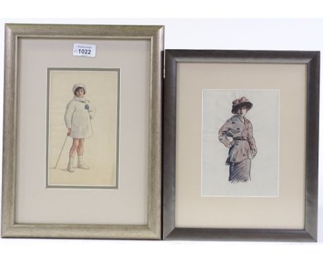 Harry John Pearson RBA (1872 - 1933), a pair of small ink/watercolour, portrait studies, 7.5" x 5.5", framed 