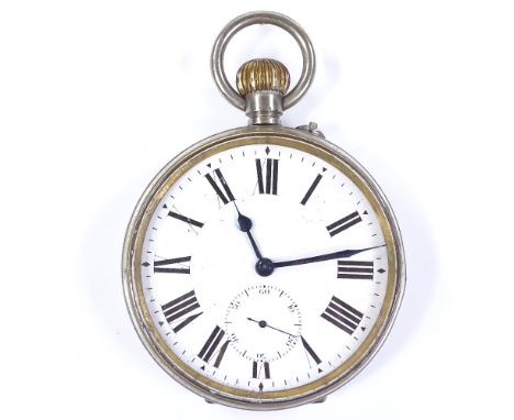 A 19th century nickel-cased Goliath pocket watch, with Roman numeral hour markers, subsidiary seconds dial and blued steel ha