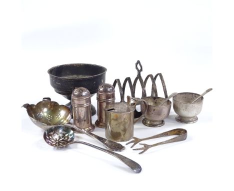 Various silverware, including Georgian sifter spoon, cruets etc, 11.3oz weighable 