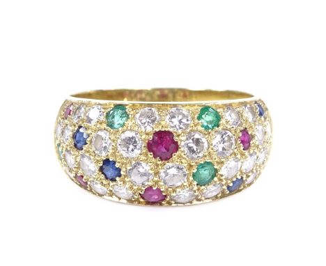 An 18ct gold ruby, sapphire, emerald and diamond cluster ring, setting height 9.5mm, size O, 5.6g 