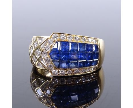An 18ct gold sapphire and diamond buckle ring, set with calibre-cut sapphires and princess triangular, tapered baguette and r