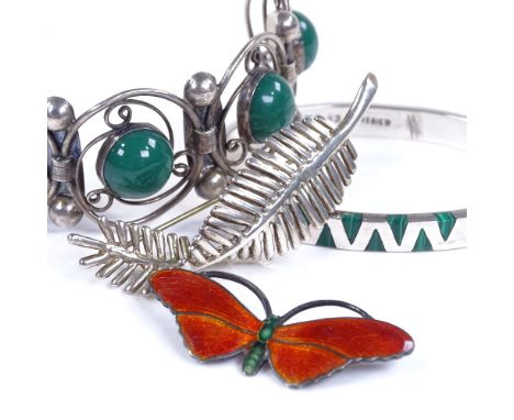 A Mexican sterling silver and malachite hinged bangle, silver and green stone bangle by Los Ballesteros, enamel butterfly bro