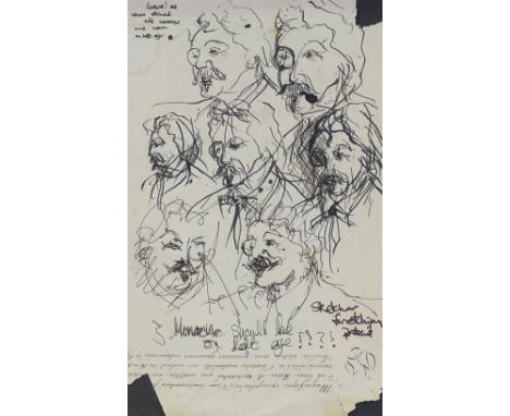 19th century sheet of ink sketches on laid and watermarked paper, portrait studies, several inscriptions and signed with a bu