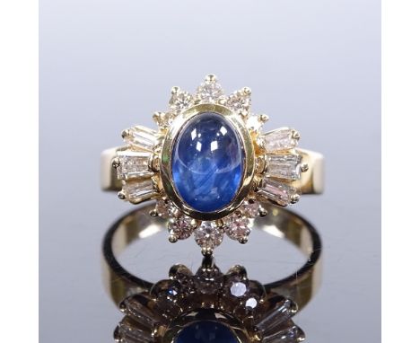 A 14ct gold cabochon sapphire and diamond cluster cocktail ring, with round and tapered baguette-cut diamonds, setting height