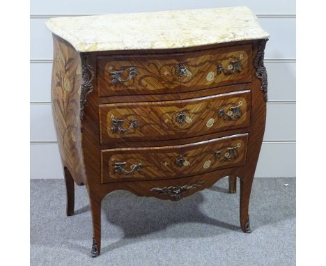 A French kingwood and marquetry inlaid bombe commode of small size, with shaped marble top, width 2'10, height 2'10" 