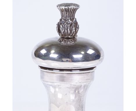 A small silver pepper grinder, with cast-silver thistle finial, maker's marks BD, hallmarks Sheffield 1975, height 11.5cm 