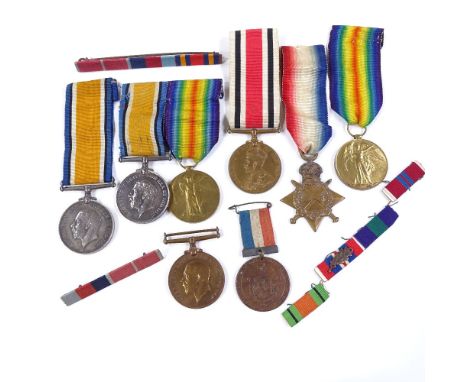 A collection of First and Second War Service medals, including a trio awarded to G-1502 Pte R Wood Royal Sussex Regiment, a p