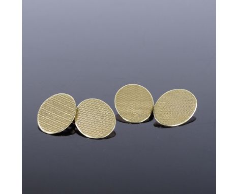 A pair of 9ct gold oval cufflinks, with engine turned decoration, maker's marks SJR, panel length 20mm, 5.6g 