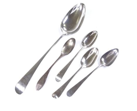 An 18th century Scottish silver serving spoon, by James Erskine, hallmarks Aberdeen 1792, a 17th/18th century Dutch spoon, an