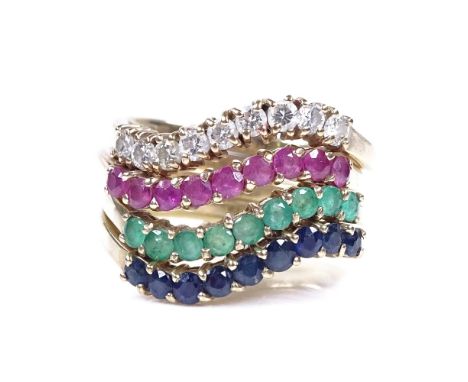 A set of 4 9ct gold emerald ruby sapphire and diamond half-hoop stacking rings, total setting height 15mm, size M, 6.5g total