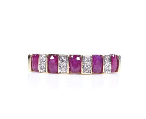 A 9ct gold ruby and diamond half-hoop ring, setting height 4.4mm, size U, 3.3g 