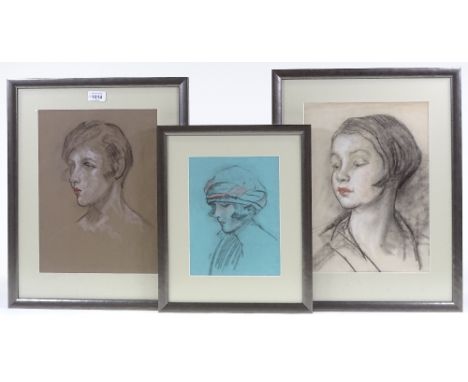 Harry John Pearson RBA (1872 - 1933), 3 charcoal/chalk, portrait studies, largest 14" x 10", framed (3) 