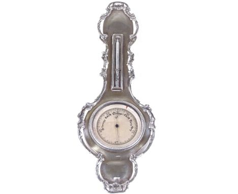 A small silver banjo-shaped barometer / thermometer, with pierced foliate surround, by Henry Matthews, hallmarks Birmingham 1