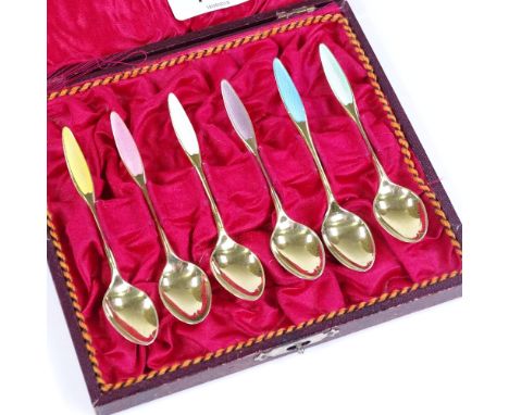A set of 6 Danish sterling silver-gilt and coloured enamel coffee spoons, with engine turned handles, by Frigast, length 9.5c