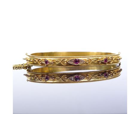 A Victorian unmarked gold ruby and rose-cut diamond hinged bangle, with bead and rope twist decoration, band width 6.3mm, int