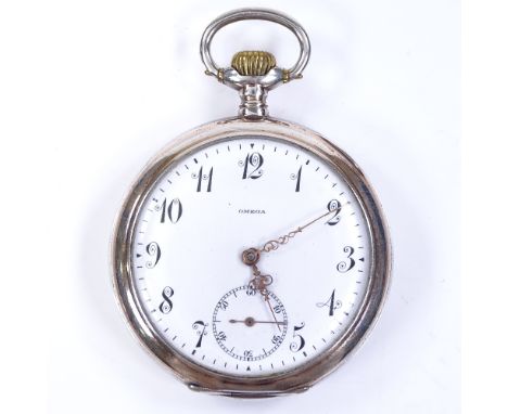 OMEGA - a Continental silver open-face top-wind pocket watch, white enamel dial with Arabic numerals and subsidiary seconds d
