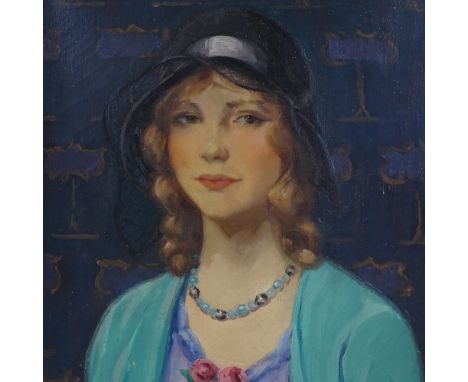 Harry John Pearson RBA (1872 - 1933), oil on canvas, portrait of lady in a black hat, 21" x 18", framed 