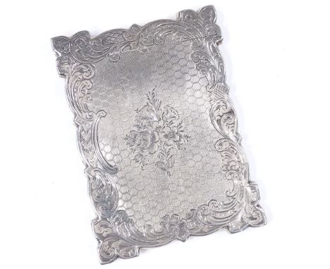 A Victorian rectangular silver card case, with engraved foliate and engine turned decoration, by Hilliard &amp; Thomason, hal