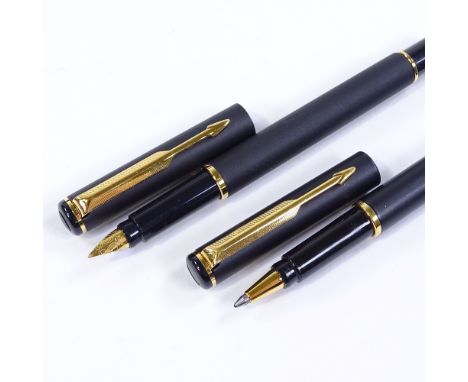 A Parker Rialto matte black/gold trim fountain pen and ballpoint pen, new and boxed 